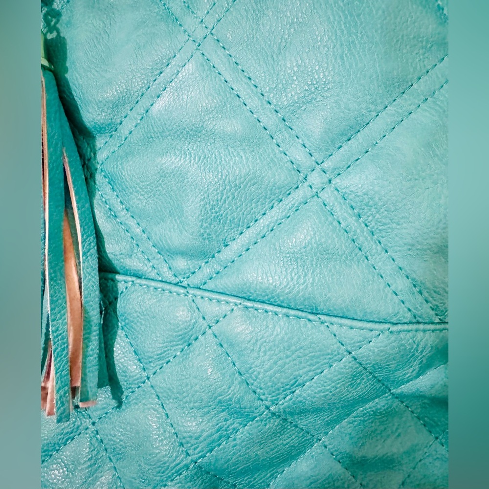 Big Buddha Turquoise Quilted Floral Glam Bag with Gold Chain Accents Luxury - Picture 4 of 16